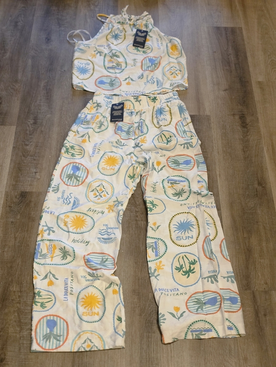 Monteau Pants - Monteau White Sun & Palm Print Two-Piece Pajama Set-Med